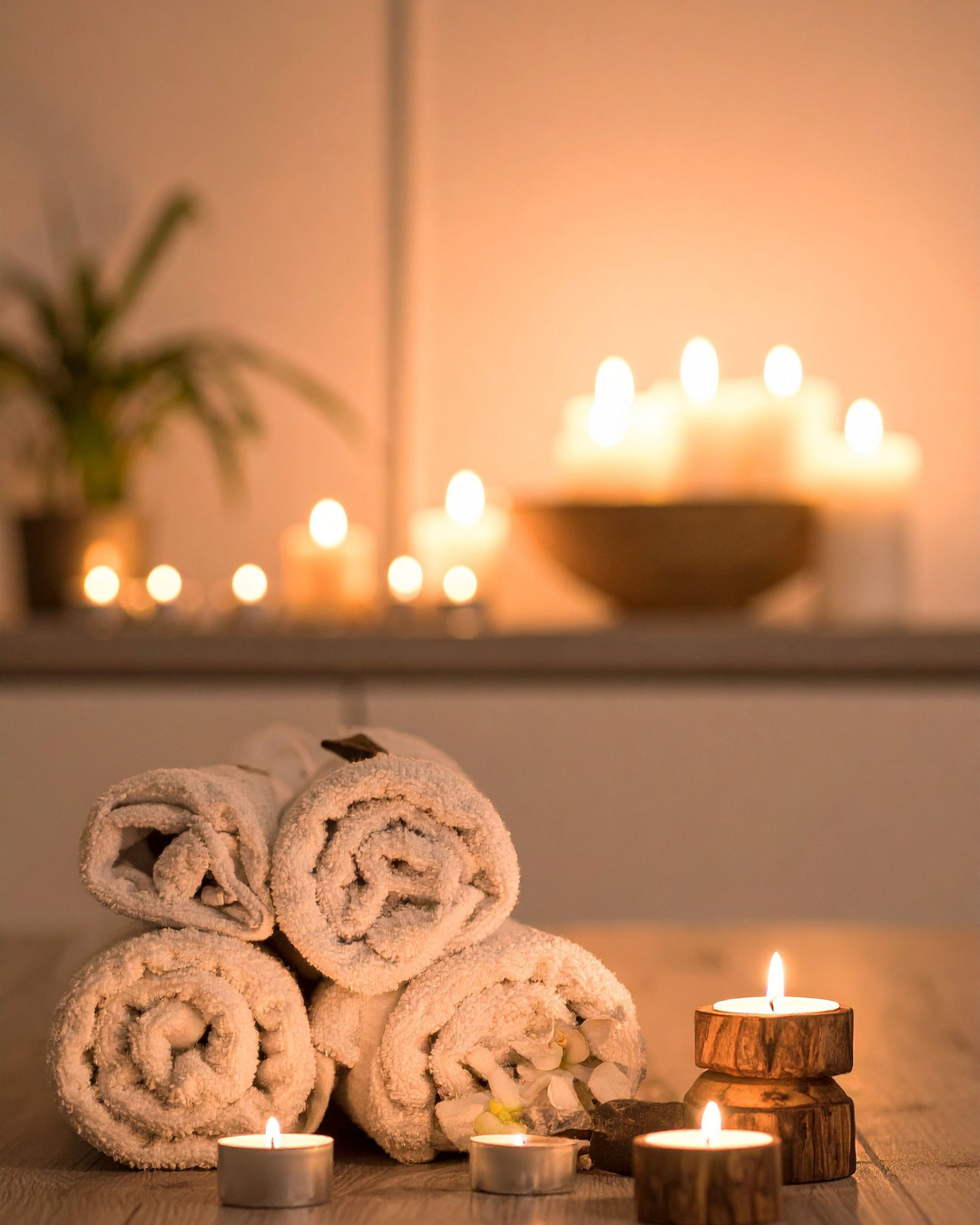 Rolled towels and candles